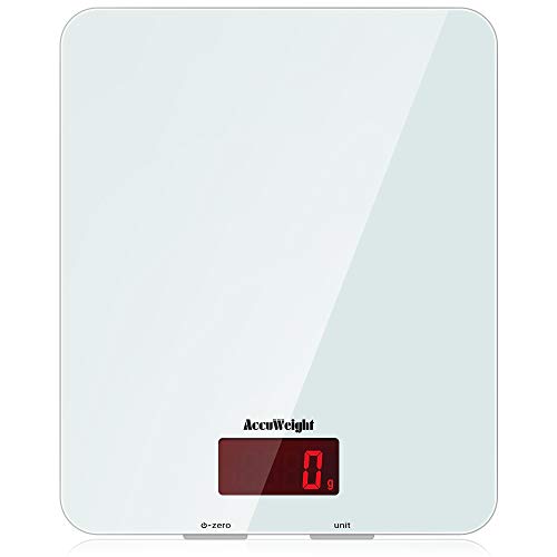 ACCUWEIGHT Bilancia Digitale da Cucina Elettronica Bilance Alimenti Multifunzionale con Display LCD per Pesa Cibo, 5 kg / 11 lbs, Superficie in Vetro Temperato, Bianco