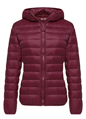 Wantdo Piumino Leggero Ripiegabile Giacca con Cappuccio Antivento Giubbotto Corto Slim Fit Capispalla da Montagna Caldo Invernale Donna Rosso Vino L