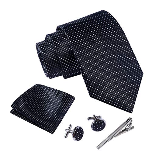 Massi Morino ® Cravatta uomo + Gemelli + Fazzoletto (Set cravatta uomo) regalo uomo con confezione regalo (Nero puntini)