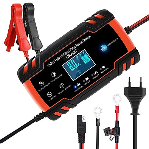 URAQT Caricabatteria Auto, 12V/24V 8A Multi Protezioni Caricatore Intelligente Automatico, 4 in 1 Ricarica Rapida Impermeabile e Indicatore di Avanzamento della Ricarica a Touch Screen LED (Rosso)