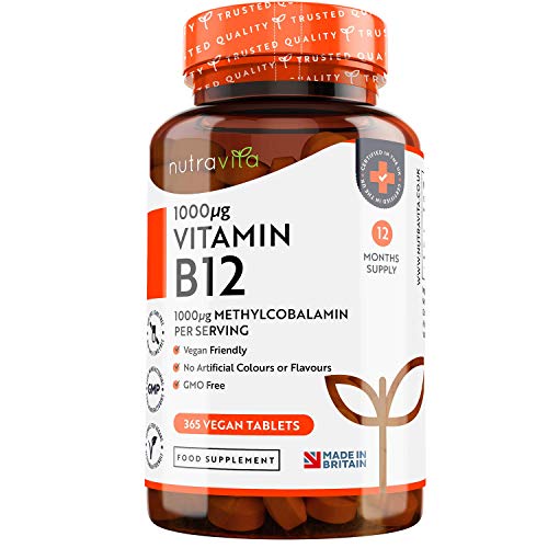 Vitamina B12 1000 mcg - 365 Compresse (Fornitura 12 mesi di Metilcobalamina Vegana) - Contribuisce alla Riduzione di Stanchezza e Affaticamento - Prodotto da Nutravita