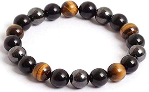 Bracciale triplo protezione in occhio di tigre, ematite e ossidiana nera (19, 8,0-8,4 mm)