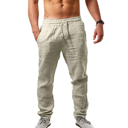 Vanvene Pantaloni casual da uomo, in lino, leggeri, elasticizzati in vita, pantaloni da jogging cachi XL