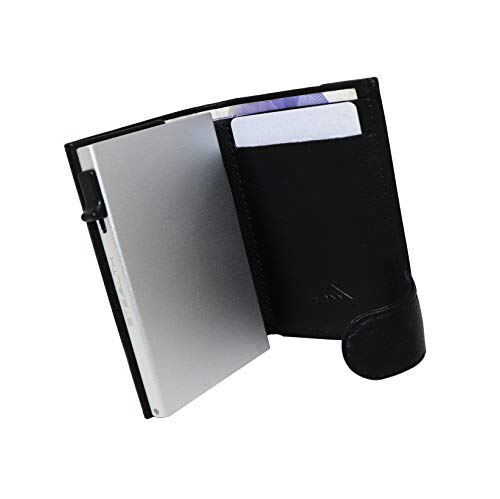 STEALTH WALLET Porta Carte RFID - Portafoglio Pop-up Minimalista - Portafogli Titolare della Carta Credito Leggero (Alluminio Argento con Pelle Nera e Tasca Portamonete)