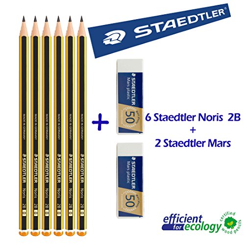 Staedtler Noris 120 2B - Matita in graffite - Set da 6 matite + 2 Gomme da cancellare Mars plastic Staedtler