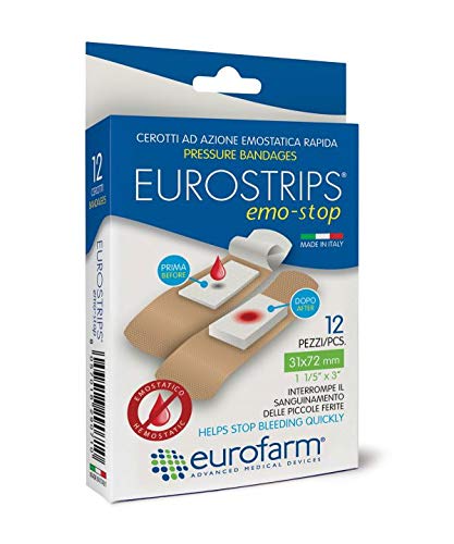 Eurostrips Emo-Stop (mm 31 x mm 72) Cerotti Sterili ad Azione Emostatica,Ideali per Interrompere Il Sanguinamento di Piccole Ferite. Confezione 12 Cerotti