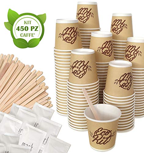 FMC SOLUTION Eco Kit Accessori da caffè e Tea - 150 Zucchero in Bustine, 150 Palette in Legno, 150 Bicchierini di Carta