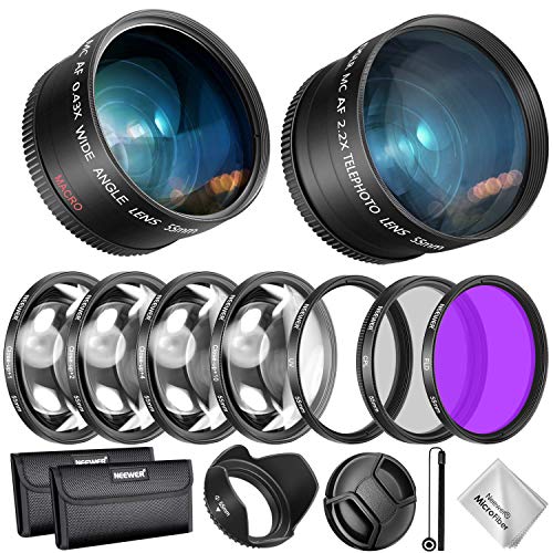 Neewer Obiettivi Filtri 55mm & Accessori per Nikon AF-P DX 18-55mm & Obiettivi Sony: 0,43X Grandangolo, 2,2X Teleobiettivo Filtri UV/CPL/FLD Filtri Macro Copriobiettivo Parasole Custodia