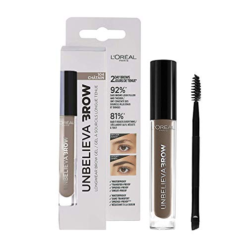 L'Oréal Paris MakeUp Gel Sopraccigia Unbelievabrow, Lunga Tenuta, Formula Waterproof No Transfer, Sopracciglia Piene e Definite per Giorni, Smudge-Proof, 104 Chataîn, Confezione da 1