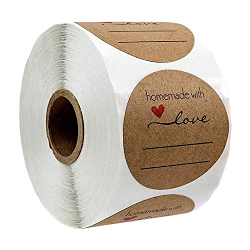 500 Etichette Autoadesivo handmade with love realizzato a mano con font nero su carta Round Baking Sticker kraft etichette adesive per rotolo 1 Roll