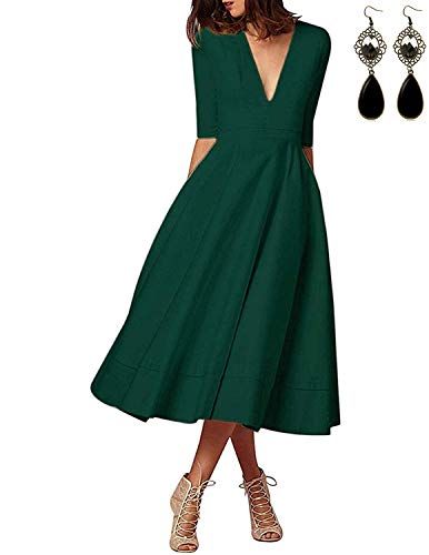 carinacoco Donna Vestiti Lunghi da Matrimonio Elegante Collo V Vestito A Pieghe Skater Abito Maxi Damigella Sera Cerimonia Inverno (M/IT42-44, Verde)