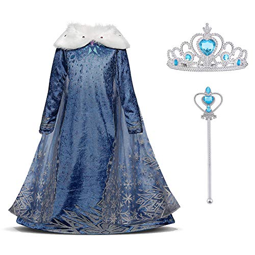 URAQT Elsa Vestito Set, Abito da Principessa per la Festa Invernale, Costume con Colletto in Peluche per 7-8 Anni