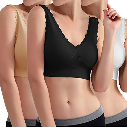 Libella Reggiseno Senza Cuciture da 3 Pezzi Reggiseno Sonno con Reggiseno Sportivo Pizzo Yoga con Imbottiture Rimovibili per Le Donne Nero Bianco Beige 3747 S/M