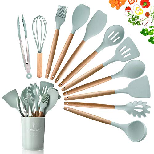 DOPGL Set di 11 utensili da cucina in silicone, resistenti al calore, con manici in legno, senza BPA, in silicone atossico, spatola, cucchiaio, utensili da cucina per antiaderenti Verde