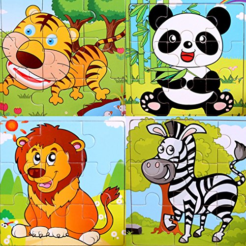 SIPLIV Puzzle di Legno 9-Pezzi di Puzzle per 2-5 Anni i Bambini, Set di 4, Foresta Animali A
