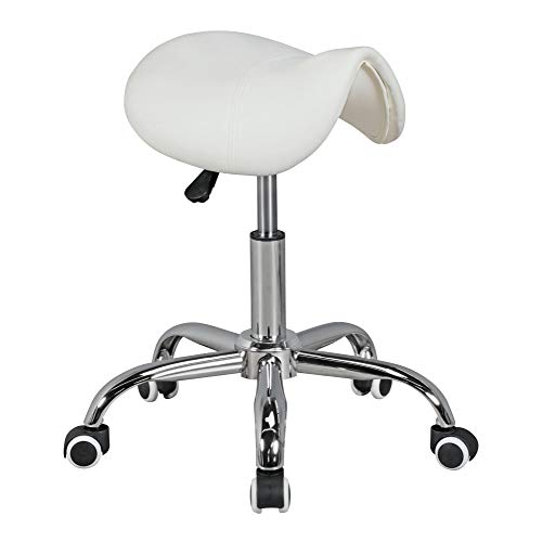 FineBuy Sgabello da Sella Bianco con Ruote 48-60 cm Ecopelle Senza Schienale | Sgabello da Lavoro Regolabile in Altezza | Sgabello Girevole Officina