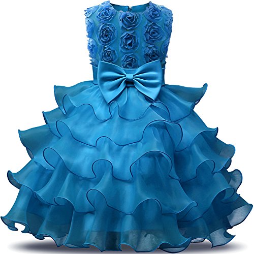 NNJXD Vestito da Ragazza Festa in Pizzo per Bambini Abiti da Sposa Taglia(90) 12-24 Mese Fiore Blu