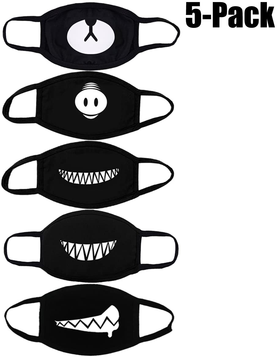 ZOYLINK 5pcs Maschera Antigas Maschera di Cotone Traspirante Riutilizzabile Orso Maiale Naso Denti Maschera Anime per Uomini Donne (Nero)