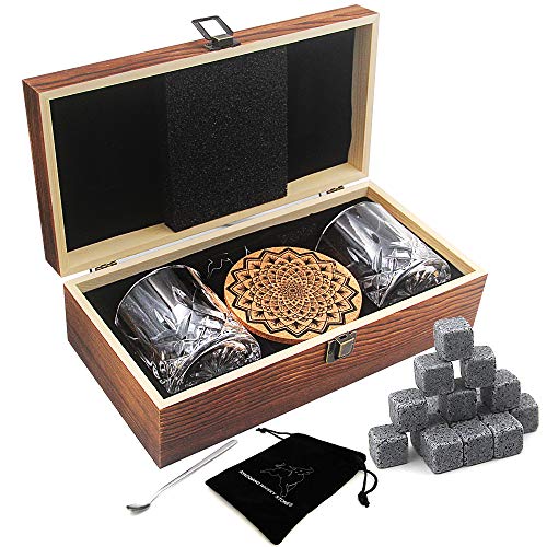 AYAOQIANG Whisky Stones Set di Regalo di 2 Bicchieri da Whiskey - Set di 16 Granito Cubetti di Ghiaccio Riutilizzabili - Whisky Pietre Set con Sottobicchieri