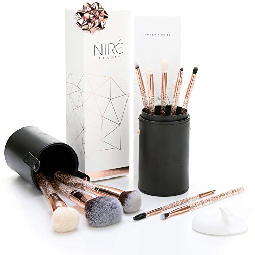 Niré Beauty Essential Glow Set Pennelli Make up Professionali con Porta Pennelli Trucco e Spazzola Detergente Viso