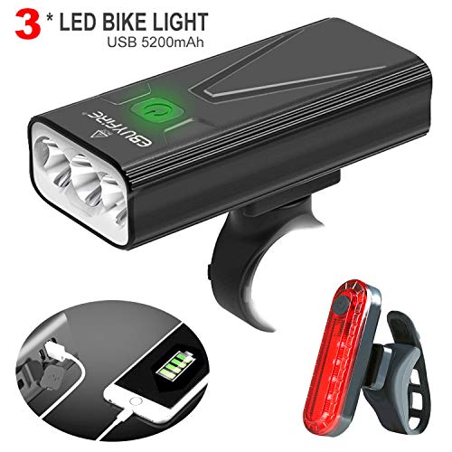 EBUYFIRE Luci Bicicletta LED Ricaricabili USB, Super Luminoso 3000 Lumens 3 modalità,5200mAh IPX5 Impermeabile Luci Bici Anteriori e Posteriori (con fanale Posteriore Ricaricabile)