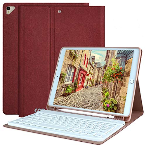 AMZCASE Custodia con Tastiera per iPad 10.2 per iPad 8a Generazione 2020 - iPad 7a Generazione 2019 - iPad Air 3, iPad PRO 10.5 2017 Tastiera Bluetooth Rimovibile Senza Fili - Portapenne (Vino Rosso)