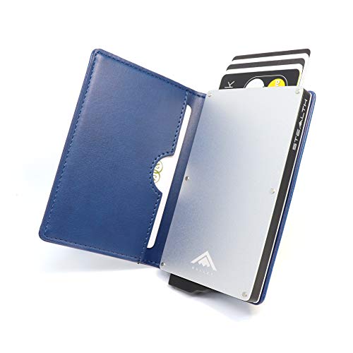 STEALTH WALLET Porta Carte RFID - Portafoglio Pop-up Minimalista - Portafogli Titolare della Carta Credito Leggero e Sottile e Protezione (Alluminio Argento con Pelle Blu)
