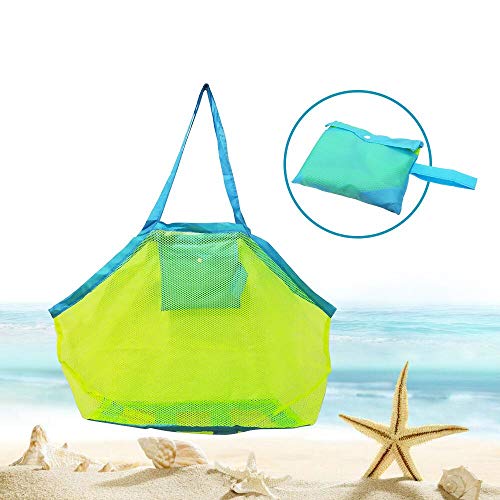 BornFeel grande borsa da spiaggia in rete per giocattoli sabbia via borsa con cerniera per bambino piscina viaggio Sandy scarpe Wet asciugamani 45,7 x 30,5 x 45,7 cm verde maglia blu cinghie