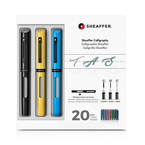 Sheaffer Calligraphy Maxi Kit nero, giallo, blu, 3 penne stilografiche ricaricabili, 3 pennini, 20 inchiostri assortiti