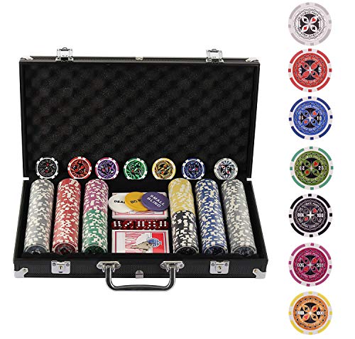 Display4top Super Set da Poker - 300 Chips Laser da 12 Grammi con Centro in Metallo,2 mazzi di Carte, mazziere, Piccoli ciechi, Grandi Pulsanti ciechi e 5 Dadi (300 Chips)