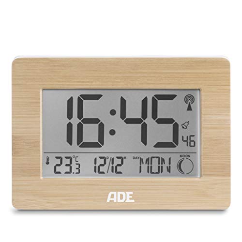 ADE CK1702 Orologio Digitale con Segnale orario DCF, Cassa con Vero bambù, Display LCD, termometro, Sveglia e Calendario. Batteria Inclusa