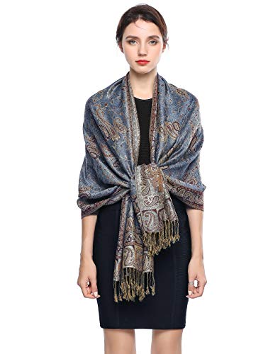 EASE LEAP Sciarpa Pashmina per donna scialle avvolgente caldo di lusso con sensazione di seta Hijab Paisley in colori ricchi con frange 200 * 70cm/(14-Rango blu)