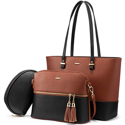 LOVEVOOK Borsa Donna Borsa a spalla Donna Borse a Mano Portafoglio Borsa grande per ufficio Scuola Shopping Viaggio Nappa Cerniera Borsa in pelle PU Set di 3 pezzi, Marrone-Nero