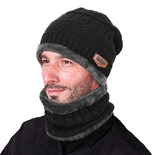 Goodbuy Berretto Uomo in Maglia per Inverno Caldo Cappello Beanie con Sciarpa (Nero)