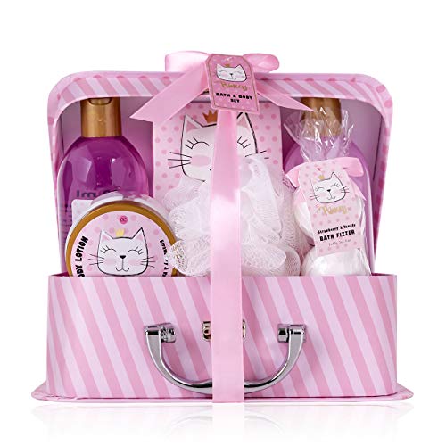 Accentra Princess Kitty - Set da bagno e doccia con dolce profumo di fragola e vaniglia, 7 pezzi, confezionato in una valigetta di carta