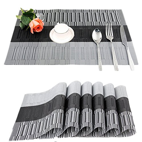 Fontic 45x30cm Set di 6 PVC Tovagliette, Tovagliette all'Americana Lavabile Non-scivolose Resistenti al Calore Tovagliette (Nero-Grigio)