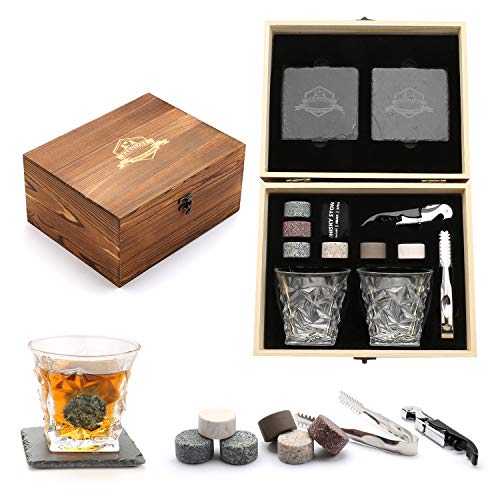 Set regalo con pietre e bicchieri da whisky, pietre refrigeranti in scatola di legno fatta a mano, per bevande fredde senza diluizione, set di 2 bicchieri da whisky, regalo per papà, marito, uomo