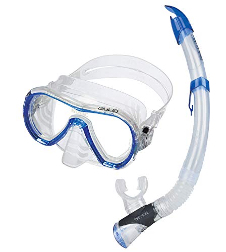 SEAC Giglio Valve, Set Snorkeling con Maschera Subacquea e Snorkel con Valvola di Spurgo Acqua Unisex Adulto, Blu, Standard