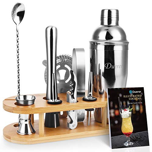 Duerer Cocktail Shaker Set, Kit da Barista con Supporto, Set da 11 Pezzi per Cocktail Shaker con Elegante Supporto in bambù, Bonus Ricette Esclusive