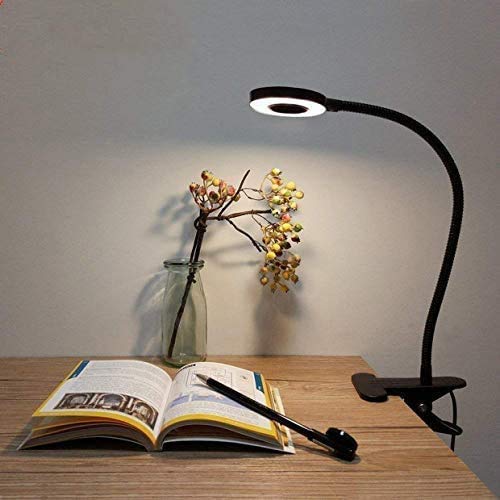 Lypumso - Lampada da tavolo LED, luce da scrivania con pinza, protezione oculare, 2 modalità regolabili, bianco freddo/caldo, collo flessibile, risparmio energetico, nero