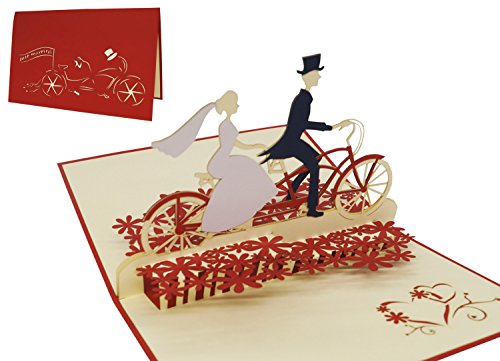 LIN Pop Up Biglietti di Matrimonio Inviti, matrimonio Valentin Karten 3d biglietti di auguri, biglietti di auguri Amore Matrimonio, Coppia di Sposi con bicicletta
