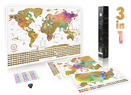 Pacchetto completo di mappe da grattare (mondo, USA e Europa) | 3 mappe da grattare di alta qualità con set di accessori completo e bandiere di tutti i Paesi – Decorazione artistica da parete premium