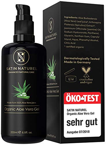 Gel di Aloe Vera BIOLOGICO 100% - ECO-Test “OTTIMO”* - MADE IN GERMANY - Alta Qualità - Flacone Vetro Viola 200 ml - Cosmetici di Satin Naturel con Acido Ialuronico, Alga Spirulina Bio e Gelsomino