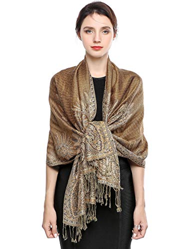 EASE LEAP Sciarpa Pashmina per donna scialle avvolgente caldo di lusso con sensazione di seta Hijab Paisley in colori con frange 200 * 70cm/(Marrone dorato)
