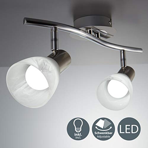 Plafoniera LED con 2 faretti orientabili, include 2 lampadine da 5W E14, lampada da soffitto per soggiorno, sala o camera da letto, metallo color nickel opaco e vetro, 230V, IP20