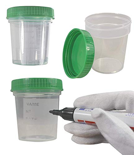 25x flaconi per urina 125 ml/Colore: naturale/Tappo a vite: verde/ graduato/imballaggio igienico/con spazio per scrivere/flacone per esami