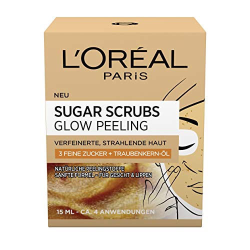 L'Oréal Paris Sugar Scrubs Glow, esfoliante viso con zucchero e olio di semi d'uva, per una pelle liscia e luminosa, confezione da 2 (2 x 15 ml)