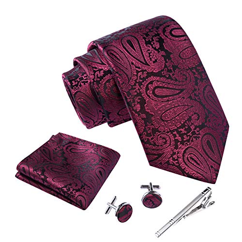 Massi Morino ® Cravatta uomo + Gemelli + Fazzoletto (Set cravatta uomo) regalo uomo con confezione regalo (Paisley porpora)