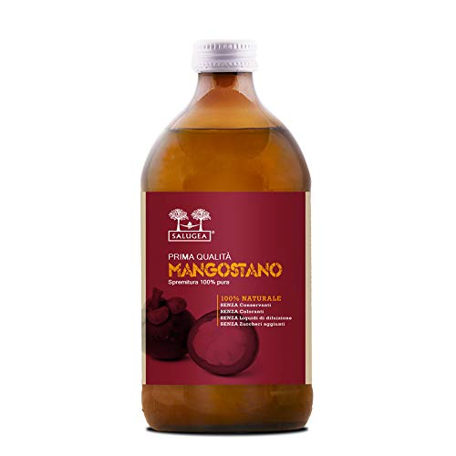 Succo di Mangostano Salugea, 100% Puro, non diluito. Integratore naturale per il benessere di stomaco e inestino. In bottiglia di vetro scuro di grado farmaceutico. 500ml