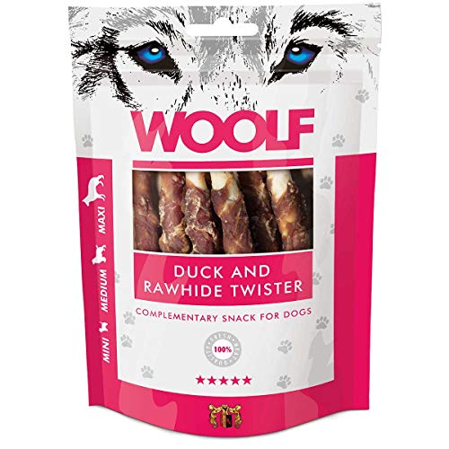 WOOLF Snack per Cani Bastoncini di Pelle di Bufalo ricoperti con Filetto D'Anatra Pulizia Denti 100gr